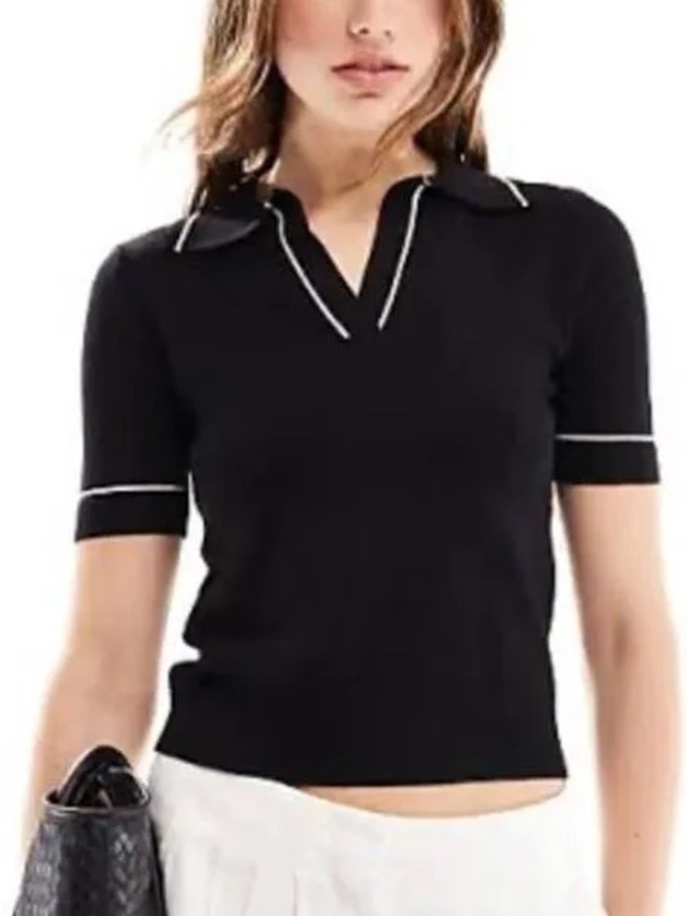 Mango Black Polo Knit Top with White Contrast Piping